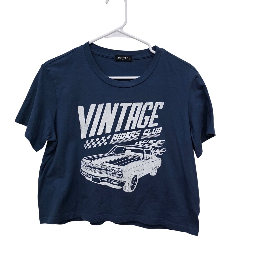 Zutter USA Womens Vintage Riders Club Muscle Car Graphic Cropped T-Shirt Blue M